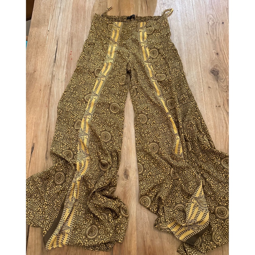 Karma Highway Boho Paisley Wide Leg Pants One Size Viscose Earthy Yellow Olive